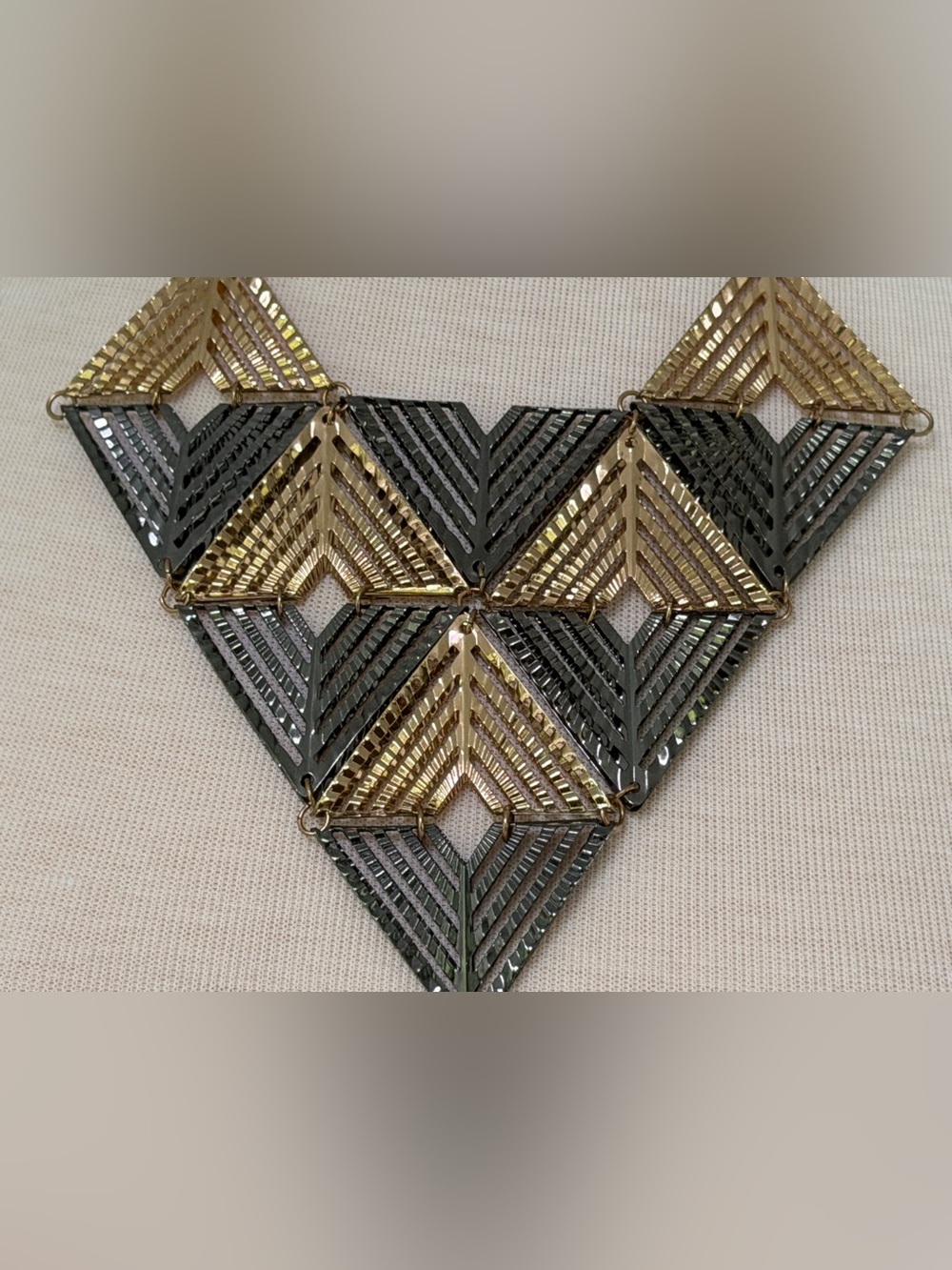 Gold Gunmetal Geometric Triangle Art Deco Bib Statement Necklace